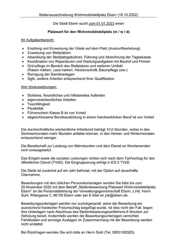 Platzwart für den Wohnmobilstellplatz (m/w/d) gesucht
