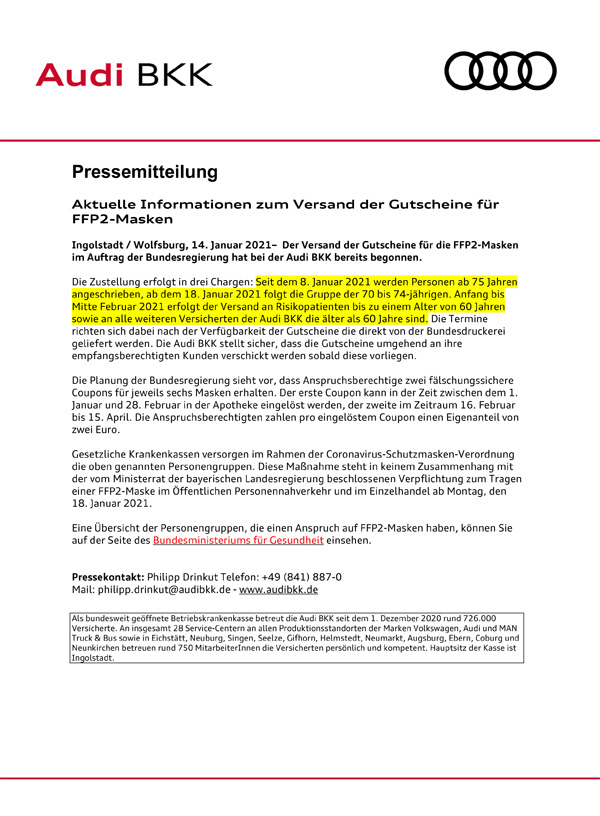 Info der Audi BKK - Versand FFP2 Masken Gutscheine