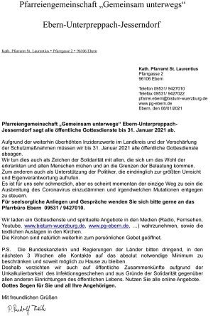 Pfarreiengemeinschaft &quot;gemeinsam unterwegs&quot; sagt Gottesdienste für Januar ab