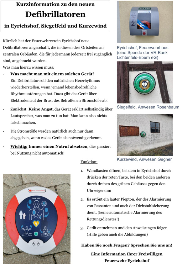 neue Defibrillatoren in Eyrichshof, Siegelfeld und Kurzewind