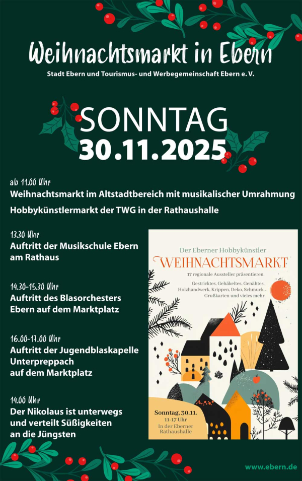 Eberner Weihnachtsmarkt mit Hobbykünstlermarkt im Rathaus